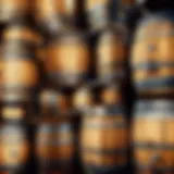 Aged oak barrels storing strong alcoholic beverages