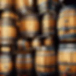 Aged oak barrels storing strong alcoholic beverages