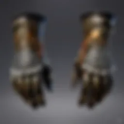 Close-up of battle cloaked gloves showcasing intricate designs