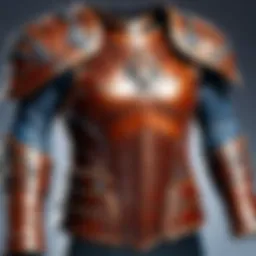 A stunning array of classic leather armor pieces displayed on a wooden table, showcasing intricate detailing and craftsmanship.