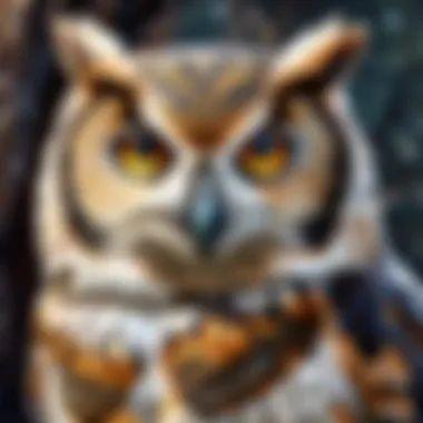 Eyes of Wisdom: The Owl's Gaze Detailed shot of owl's piercing eyes in the dark