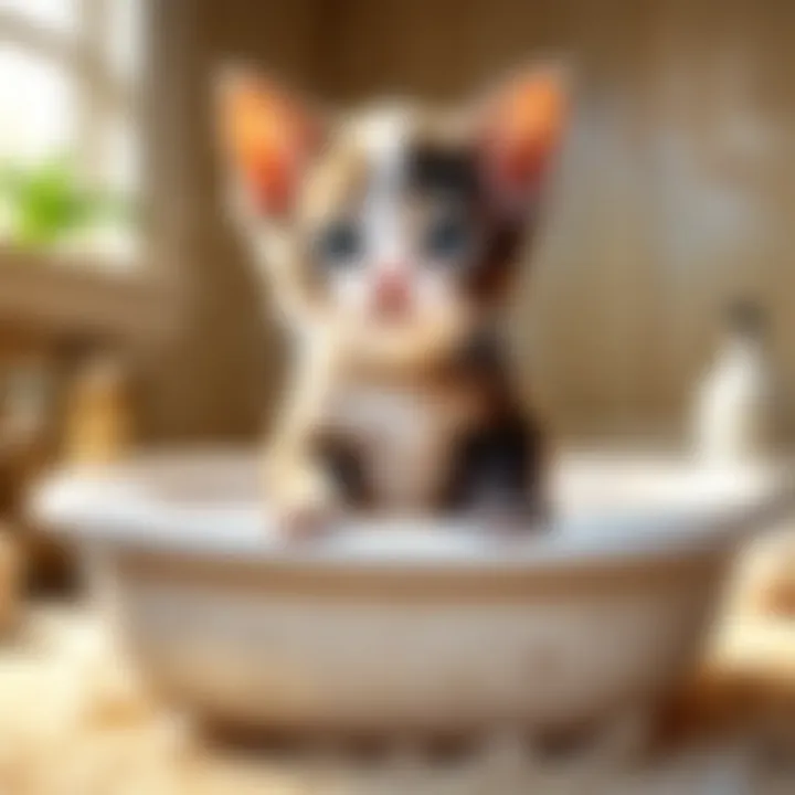 Newborn kitten in a warm bath