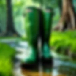 Elegantly crafted green Hunter boots resting on a bed of lush greenery