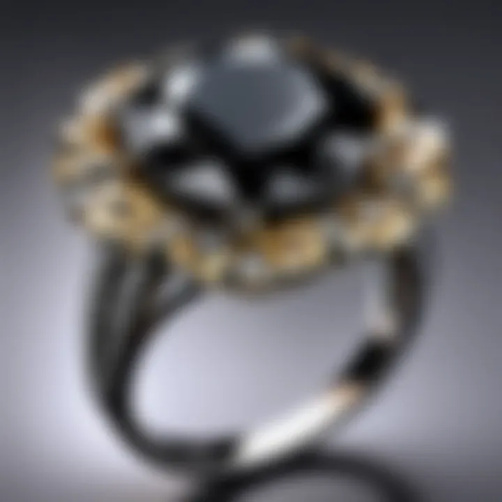 Exquisite Black Diamond Ring with Intricate Floral Setting