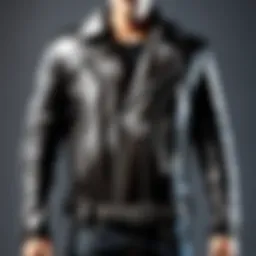 Detailed close-up of a leather biker jacket showcasing stitching and texture.