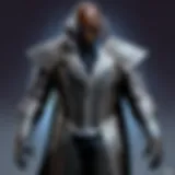 Detailed view of the Morpheus costume showcasing intricate fabric textures and color palette.