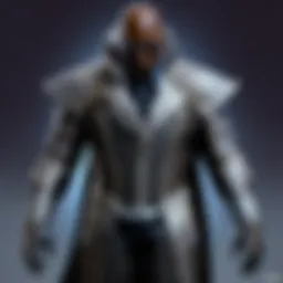 Detailed view of the Morpheus costume showcasing intricate fabric textures and color palette.