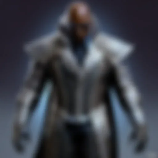 Detailed view of the Morpheus costume showcasing intricate fabric textures and color palette.