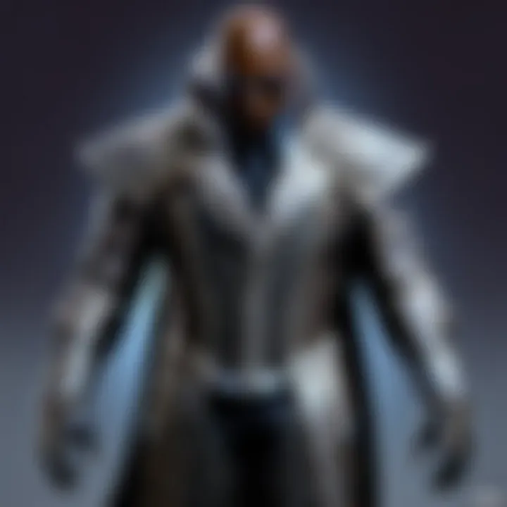 Detailed view of the Morpheus costume showcasing intricate fabric textures and color palette.