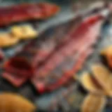 Close-up of freshly made trout jerky highlighting texture and color