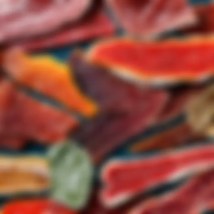 Variety of trout jerky flavors displayed on a rustic wooden board
