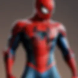 A close-up view of the intricate web pattern on the Spiderman outfit, highlighting its design details and textures.