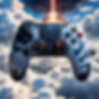 Gaming Controller Surrounded by Clouds Signifying Cloud Gaming Experience Gaming controller surrounded by clouds symbolizing cloud gaming experience