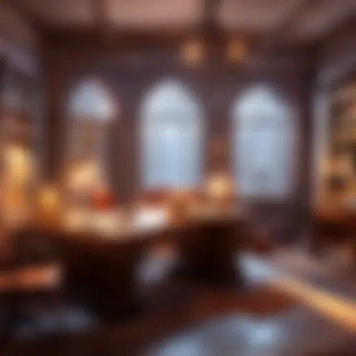 A mystical scene depicting a serene workspace filled with magical tools and crystals.