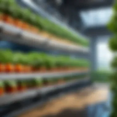 Vertical Farming Innovations A lush vertical farm with various plants growing in a controlled environment.