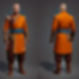A historical representation of monk outfits showcasing intricate designs and symbols.