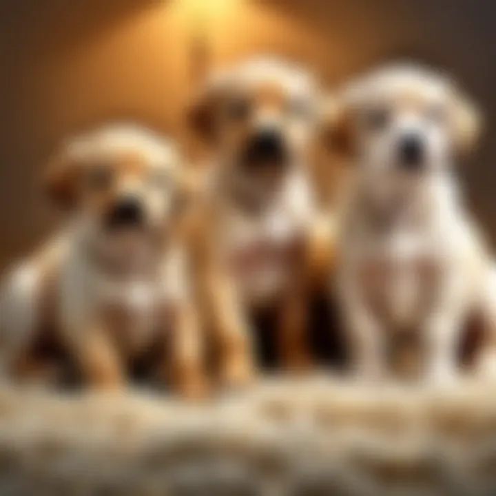 Newborn puppies basking under whelping light
