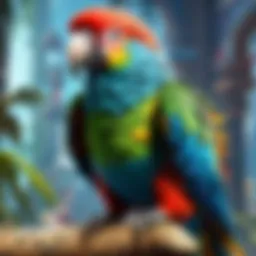 Illustration of a colorful parrot perched on a branch