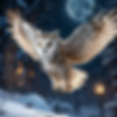 Moonlit Majesty: The Owl in Flight Silhouette of owl in flight against a full moon