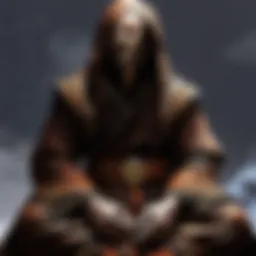 A dark, mystical environment showcasing a monk character in meditation.