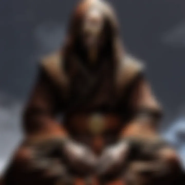 A dark, mystical environment showcasing a monk character in meditation.