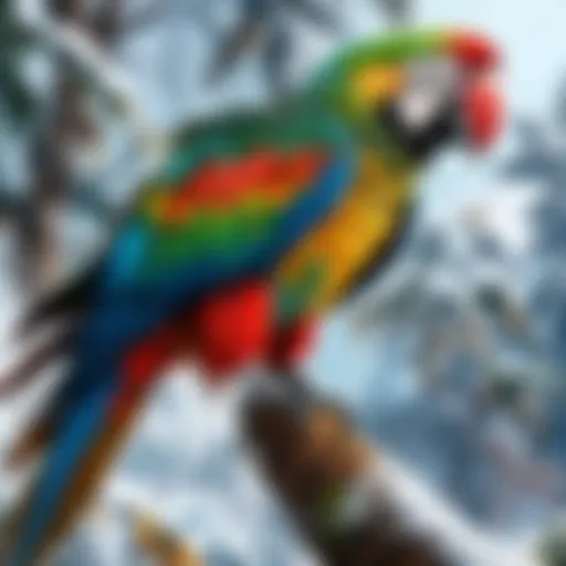 A vibrant macaw perched on a branch, showcasing its colorful feathers
