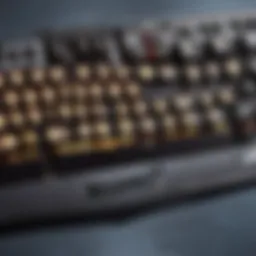 A close-up view of a keyboard with RGB lighting highlighting its intricate design.