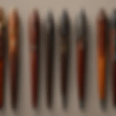 A selection of various types of leatherworking awls arranged on a workbench.