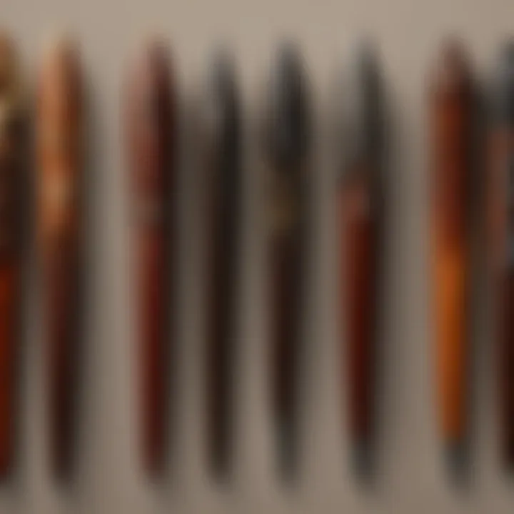 A selection of various types of leatherworking awls arranged on a workbench.