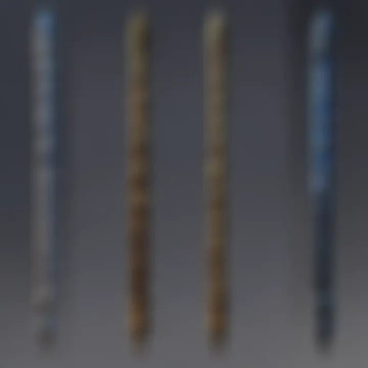 Various models of lightning rods displayed side by side for comparison.